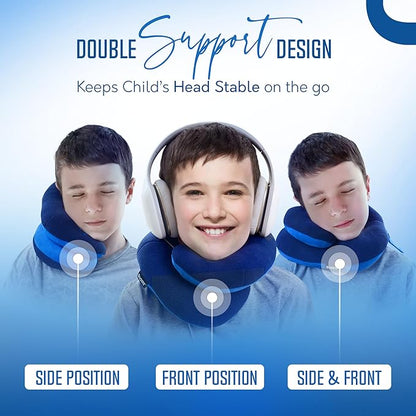 BCOZZY Kids Chin Supporting Travel Pillow for Ages 8–12- Patented Soft Neck Pillow for Head and Chin Support in Car Seat and Airplane. Comfortable Travel Essential. Small Size, Bag, Light Blue