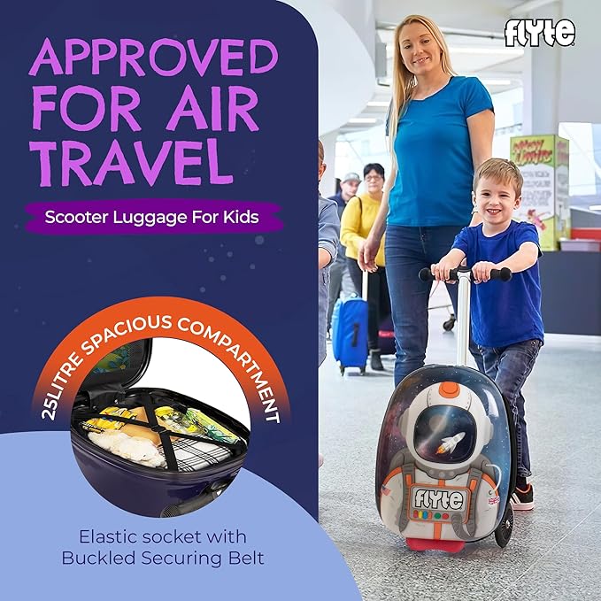 Flyte Sammie the Spaceman Scooter Suitcase - Rideable, Carry on Compliant 2-in-1 Children's Suitcases, 18 inch Ride on Suitcase for Kids, 25 Litre Capacity Kids' Luggage on Wheels for Children Aged 4+