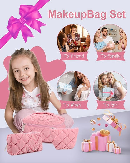 Travel Makeup Bag for Women, Large Waterproof Cosmetic Organizer with 3-piece Set, Toiletry Bag for Gym/College/Gifts | Cute Aesthetic Design (Pink)