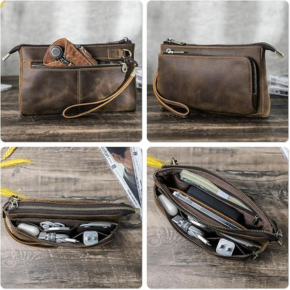 Electronic Organizer Zipper Bag Tech Kit, Top Grain Leather Handmade, Portable Compact Travel Apple Accessories Storage Pouch Fits Phone, USB Cables, Power Banks, Chargers, Hard Drive