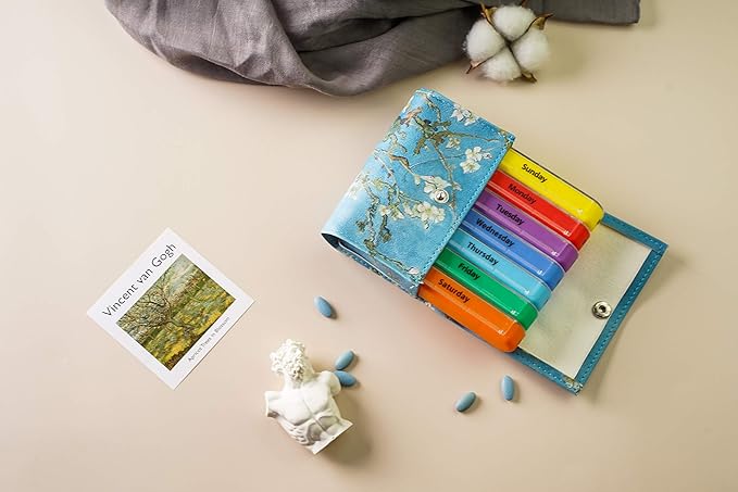 Pill Organizer,LIZIMANDU Weekly Travel Pill Case Box Medication Reminder Daily AM PM, Day Night 7 Compartments,for 4 Times A Day, 7 Days a Week-Includes Leather PU Carrying Case(Peach Blossom)