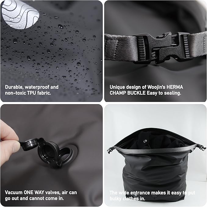 Vacuum Compression Bags for Travel, 40L Pump-Free Reusable Vacuum Bags, Waterproof Laundry Bag for Backpack and Suitcase, Space Saver Bags for Backpacking