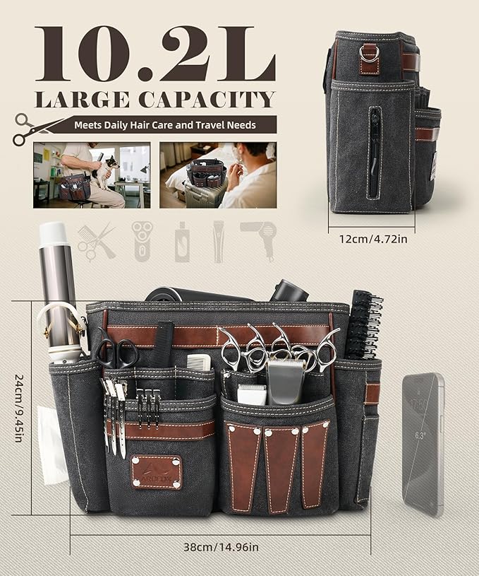 ARCFOX Barber Bag 10.2L, Heat-Insulating Hairstylist Travel Bag with Adjustable Waist Belt & Shoulder Strap, 16oz Canvas and EVA Clipper Shear Case for Razor & Pet Grooming - No Clutter & Easy Access