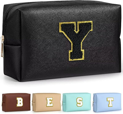 TOPEAST Preppy Makeup Bag, Small Cosmetic Travel Bags for Women, PU Leather Waterproof Toiletry Bag with Zipper, Personalized Birthday Gift for Women Girl, Preppy Gifts for Girl (Black Y)