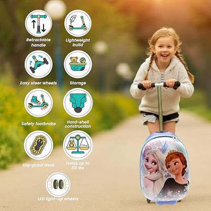 Disney Frozen Princess Suitcase Scooter for Kids - Girls Scooter Luggage with Light Up Wheels, Easy Steer and Foldable Carry On Kick Scooter for Toddler, Boys, Girls, Great Travel Gift Idea