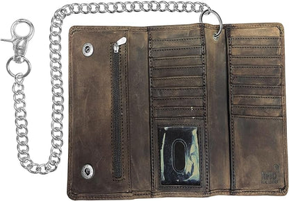 IBRO VINTAGE Motorcycle Chain Wallet for Men – Premium Cowhide Leather, RFID Tri-Fold Biker Wallet with Heavy Duty Chain for Bikers Truckers & Hunters, Credit Card Money Organizer Long Wallet