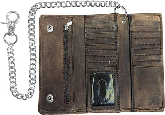 IBRO VINTAGE Motorcycle Chain Wallet for Men – Premium Cowhide Leather, RFID Tri-Fold Biker Wallet with Heavy Duty Chain for Bikers Truckers & Hunters, Credit Card Money Organizer Long Wallet