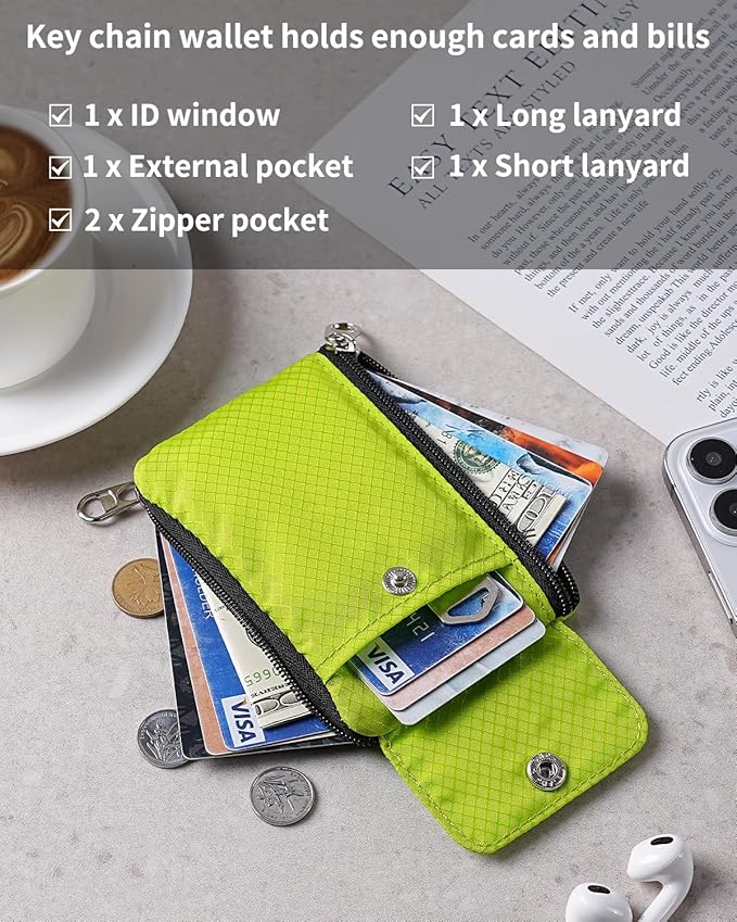 Minimalist Wallet For Mens Womens, Keychain RFID Blocking Zipper Small Wallet with ID Window 2 Lanyards,Water Resistant Travel Cash Card Coin Case Boys Girls