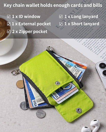 Minimalist Wallet For Mens Womens, Keychain RFID Blocking Zipper Small Wallet with ID Window 2 Lanyards,Water Resistant Travel Cash Card Coin Case Boys Girls