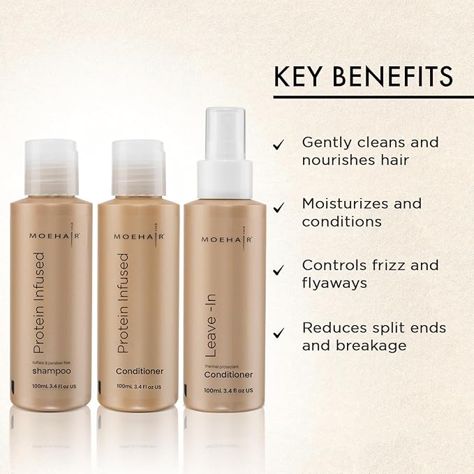 MOEHAIR Hair Strengthening Travel Pack: Shampoo , Conditioner , and Leave-in Conditioner (3.4 Fl Oz Each)