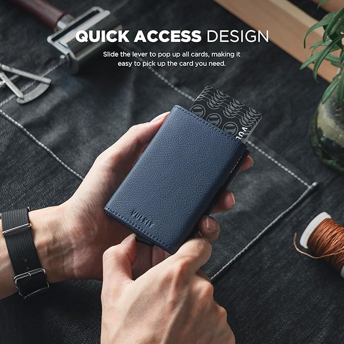 VULKIT Pop up Card Wallet Minimalist Cash Wallets RFID Blocking Leather Smart Credit Card Holder with ID window for Men