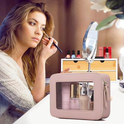 Pinkmik Clear Makeup Bag Waterproof Travel Case for Cosmetics and Toiletries Women's Purse Organizer and Clear Car Bag with Zipper (Pink, M+MINI)