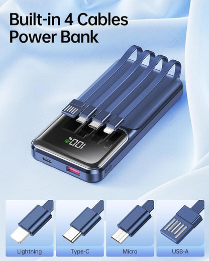 Portable Charger with Built in Cable 10000mah USB C Power Bank Fast Charging Travel Essential Battery Pack for iPhone Samsung Android iPad etc