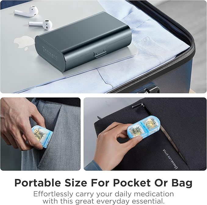 Zannaki Metal XL Weekly Pill Organizer 2 Times a Day, Large Travel Daily Pill Box 7 Day, Portable Week Twice Pill Holder Container, AM PM Pill Case for Medicine Vitamin Medication Supplement, Grey