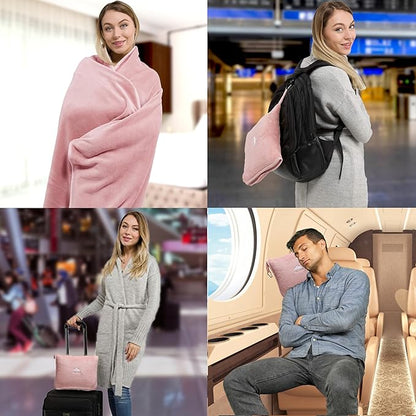BlueHills Premium Soft Long Travel Blanket Pillow for Tall Airplane Flight Blanket 70 X48 inch Throw in Soft Bag case with Backpack Clip Compact Large Plane 2 in 1 Combo Pink T055