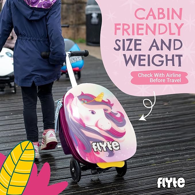 FLYTE Scooter Suitcase Folding Kids Luggage – Luna the Unicorn, 18 Inch Hardshell, Ride On with Wheels, 2-in-1, 25 Litre Capacity