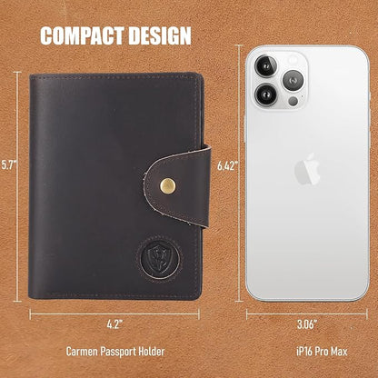 STAR VISTA Carmen Leather Passport Wallet, Dual Bifold Cash Pockets, RFID Blocking, ID Window, 6 Card Slots, Coin Pocket, SIM Slots, AirTag Slots, Dark Brown