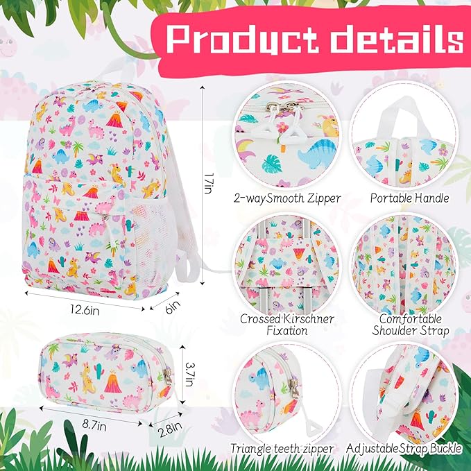 Redbaker 6 Pcs Kids Luggage Set 17 Inch Kids Rolling Luggage Double Pattern Suitcase for Girls Boys School Gift(Pale Pink,Dinosaur Style)