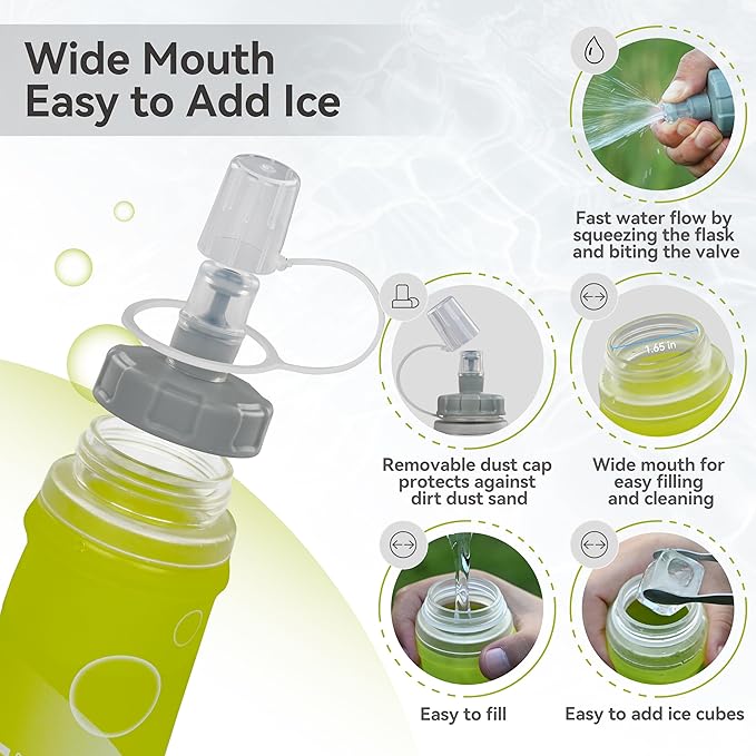 MARCHWAY Soft Hydration Flask with Wide Mouth, 300ml/500ml Collapsible TPU Water Bottle, Leakproof Portable Flexible for Running, Hiking, Cycling, Climbing, Gym, Travel (2pcs Yellow 300ml)