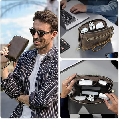 Electronic Organizer Zipper Bag Tech Pouch, Top Grain Leather Handmade, Portable Compact Travel Storage Cases Fits Apple Accessories, Phone, USB Cables, Power Banks, Chargers, Hard Drive