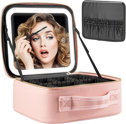 Makeup Travel Train Case with Mirror LED Light 3 Adjustable Brightness Large Cosmetic Bag Portable Storage Adjustable Partition Waterproof Makeup Brushes Make up Jewelry Gift for Women