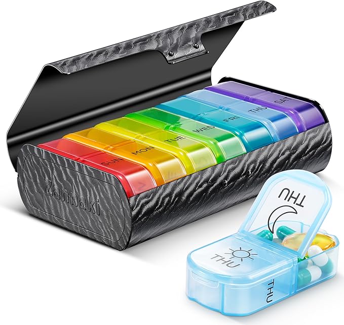 Zannaki Metal XL Weekly Pill Organizer 2 Times a Day, Large Travel Daily Pill Box 7 Day, Portable Week Twice Pill Holder Container, AM PM Pill Case for Medicine Vitamin Medication Supplement, Black