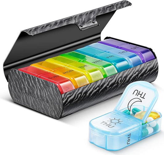 Zannaki Metal XL Weekly Pill Organizer 2 Times a Day, Large Travel Daily Pill Box 7 Day, Portable Week Twice Pill Holder Container, AM PM Pill Case for Medicine Vitamin Medication Supplement, Black