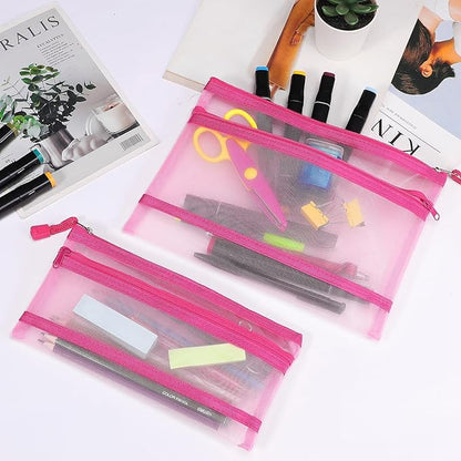 12 Pieces Zipper Nylon Mesh Pouch, Mesh Cosmetic Bags Makeup Bags Pencil Case, Multipurpose Travel Bags for Cosmetic School Office Supplies and Travel Accessories (2 Layers-Pink, A5)