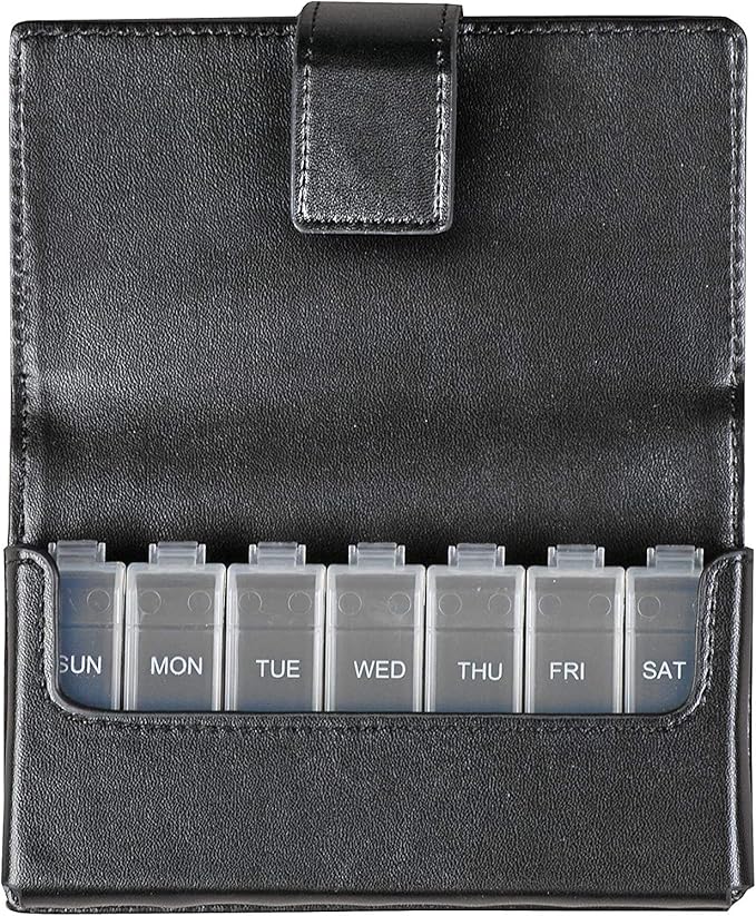 HealthSmart Weekly Pill Organizer, Medicine Organizer, Pill Box for 7 Days, Medication Organizer with Days of the Week, Black
