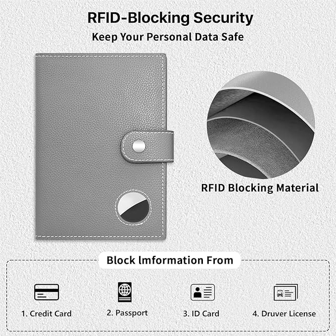 Genuine Leather Passport Holder, RFID Blocking Travel Wallet for Men/Women, Stylish Passport Cover with Airtag Slot, Durable Passport Wallet case travel essentials (Gray)