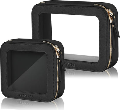 Clear Makeup Bag, Travel Toiletry Bag Cosmetic Case for Women, Waterproof Portable Make Up Skincare Pouch with Zipper, Compact Car Organizer Bag for Essentials, Mini & Medium, Black