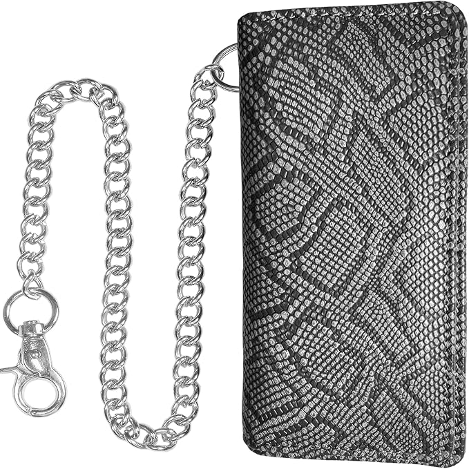 CLASSIC Motorcycle Chain Wallet for Men – Premium Cowhide Leather, RFID Bi-Fold Biker Wallet with Heavy Duty Chain for Bikers Truckers & Hunters, Credit Card Money Organizer Long Wallet Snake Black