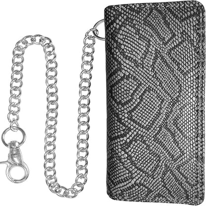 CLASSIC Motorcycle Chain Wallet for Men – Premium Cowhide Leather, RFID Bi-Fold Biker Wallet with Heavy Duty Chain for Bikers Truckers & Hunters, Credit Card Money Organizer Long Wallet Snake Black