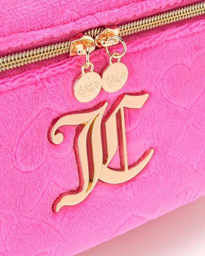 Juicy Couture Hot Pink Makeup Bag Cosmetics Organizer Travel Essentials Train Case Velour Heart Crown