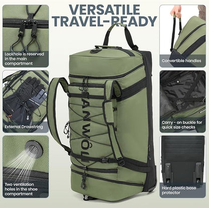 Fanwoli 92L 120L Large Rolling Duffle Bag with Shoes Compartment, 30’’ Expandable & Foldable Heavy Duty Water Resistant Travel Backpack, Convertible Foldable Duffel for Gym Camping Weekender