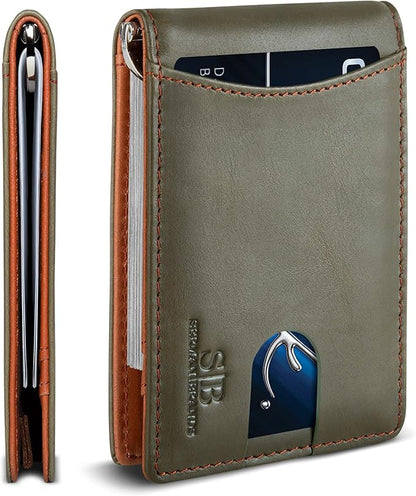 SERMAN BRANDS RFID Blocking Slim Bifold Genuine Leather Minimalist Front Pocket Wallets for Men with Money Clip Thin Gift