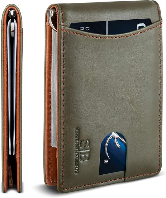 SERMAN BRANDS RFID Blocking Slim Bifold Genuine Leather Minimalist Front Pocket Wallets for Men with Money Clip Thin Gift
