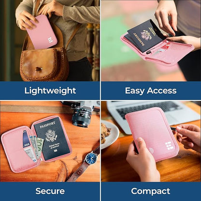 Passport Holder & Travel Wallet with RFID Blocking - Premium Document Organizer Case for Men and Women - Holds Passports, Cards, Tickets, ID, Cash - Compact Zippered Wallet - Rose