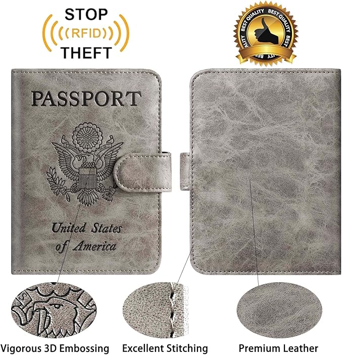 Passport Holder With Luggage Tag Cover Wallet RFID Blocking Leather Case Travel Essentials Accessories Travel Must Have(114#Grey)