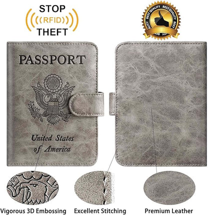 Passport Holder With Luggage Tag Cover Wallet RFID Blocking Leather Case Travel Essentials Accessories Travel Must Have(114#Grey)