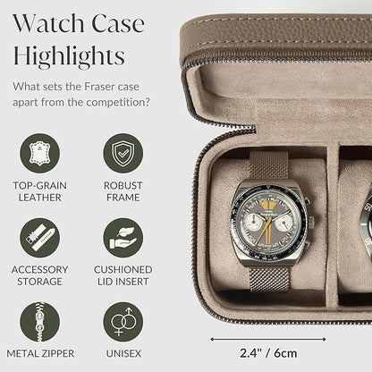 TAWBURY Luxury Leather Watch Box Unisex – Mens Travel Watch Case Zipper Closure | Taupe Top-Grain Genuine Leather Watch Travel Roll | Real Leather Watch Boxes for Men Travel | 3 Watch Carrying Case