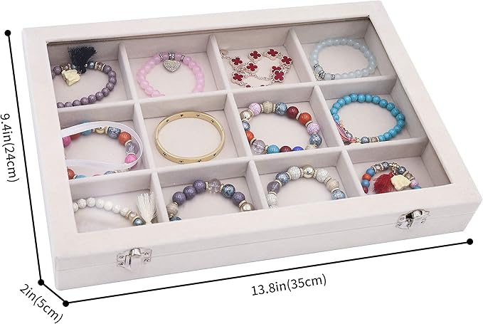 Stratalife Jewelry Organizer Bracelet Organizer Storage Box 12 Grid Stackable Jewelry Tray with Lid Velvet Jewelry Box for Drawer Necklace Bracelet Display Storage Organizer Box (Beige)