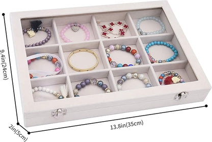 Stratalife Jewelry Organizer Bracelet Organizer Storage Box 12 Grid Stackable Jewelry Tray with Lid Velvet Jewelry Box for Drawer Necklace Bracelet Display Storage Organizer Box (Beige)