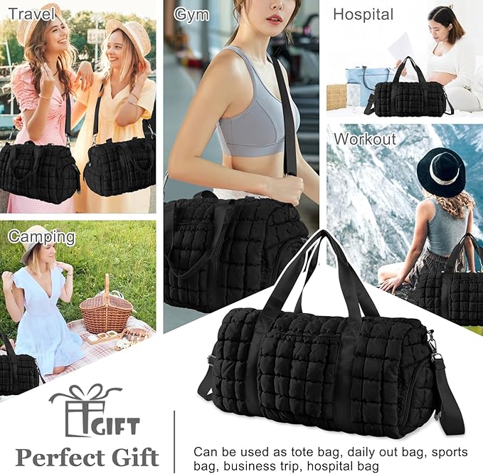 Quilted Travel Duffle Bag Gym Bag for Women,Large Puffer Duffle Weekender Bag with Compartment,Workout Overnight Carry on Organizer Bag Duffle Bag for Airplane Travel(Black)