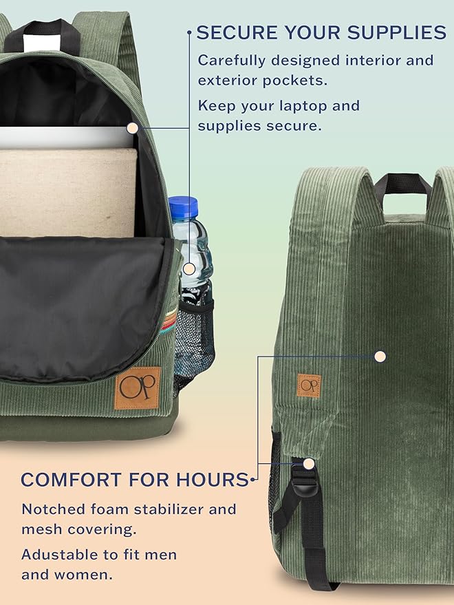 Ocean Pacific OG Corduroy Backpack for Travel, Sports, Beach, Work, Casual Daypack for Men Women Fits 15.6 Inch Laptop (Olive)