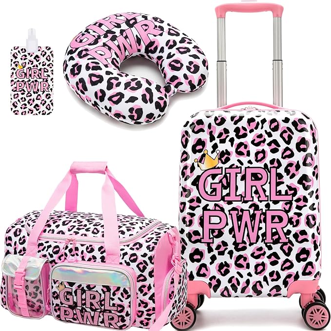 Kid's Luggage Set 3 Piece Suitcase Set 16" Hardside Luggage with Spinner Wheels Girls Carry on Toddler Travel Rolling Suitcase with Duffle Bag Neck Pillow Airline Approved