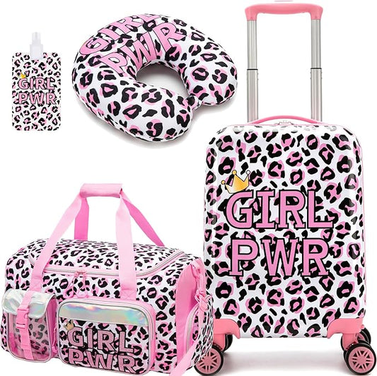 Kid's Luggage Set 3 Piece Suitcase Set 16" Hardside Luggage with Spinner Wheels Girls Carry on Toddler Travel Rolling Suitcase with Duffle Bag Neck Pillow Airline Approved