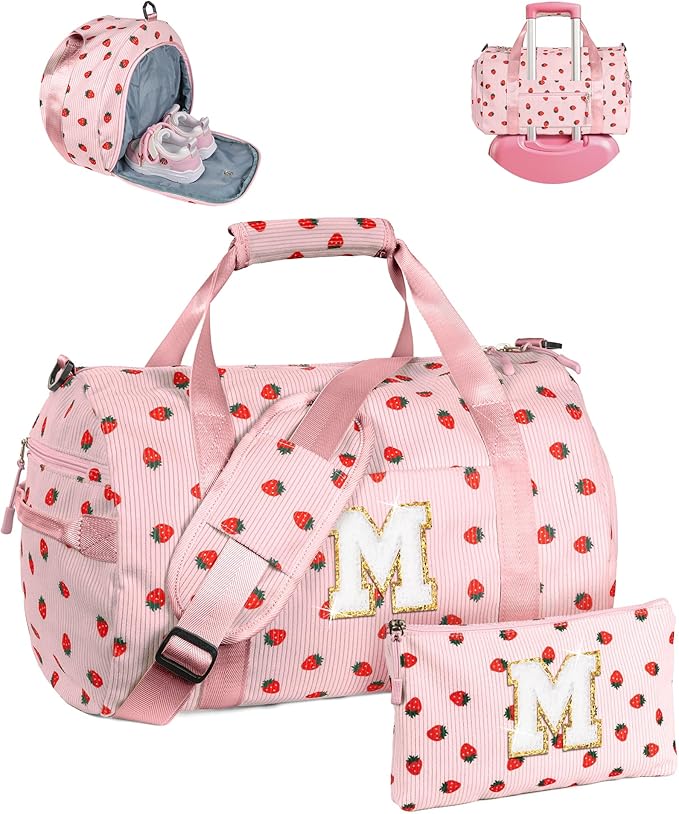 Christmas Gifts for Teen Girl, Girls Gym Bag, Kids Personalized Weekend Duffel Bags with Shoe Compartment, Initial Travel Tote with Makeup Pouch, Cute Stuff for Teenager (Letter M)