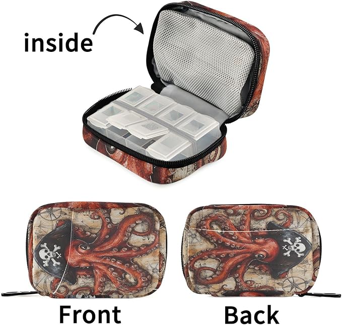 Octopus Pirate and Compass Travel Pill Organizer Case Box Container Weekly Portable Vitamin Medicine Holder Storage Bag with Zipper Removable