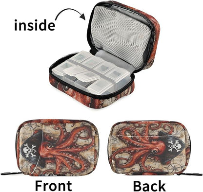 Octopus Pirate and Compass Travel Pill Organizer Case Box Container Weekly Portable Vitamin Medicine Holder Storage Bag with Zipper Removable